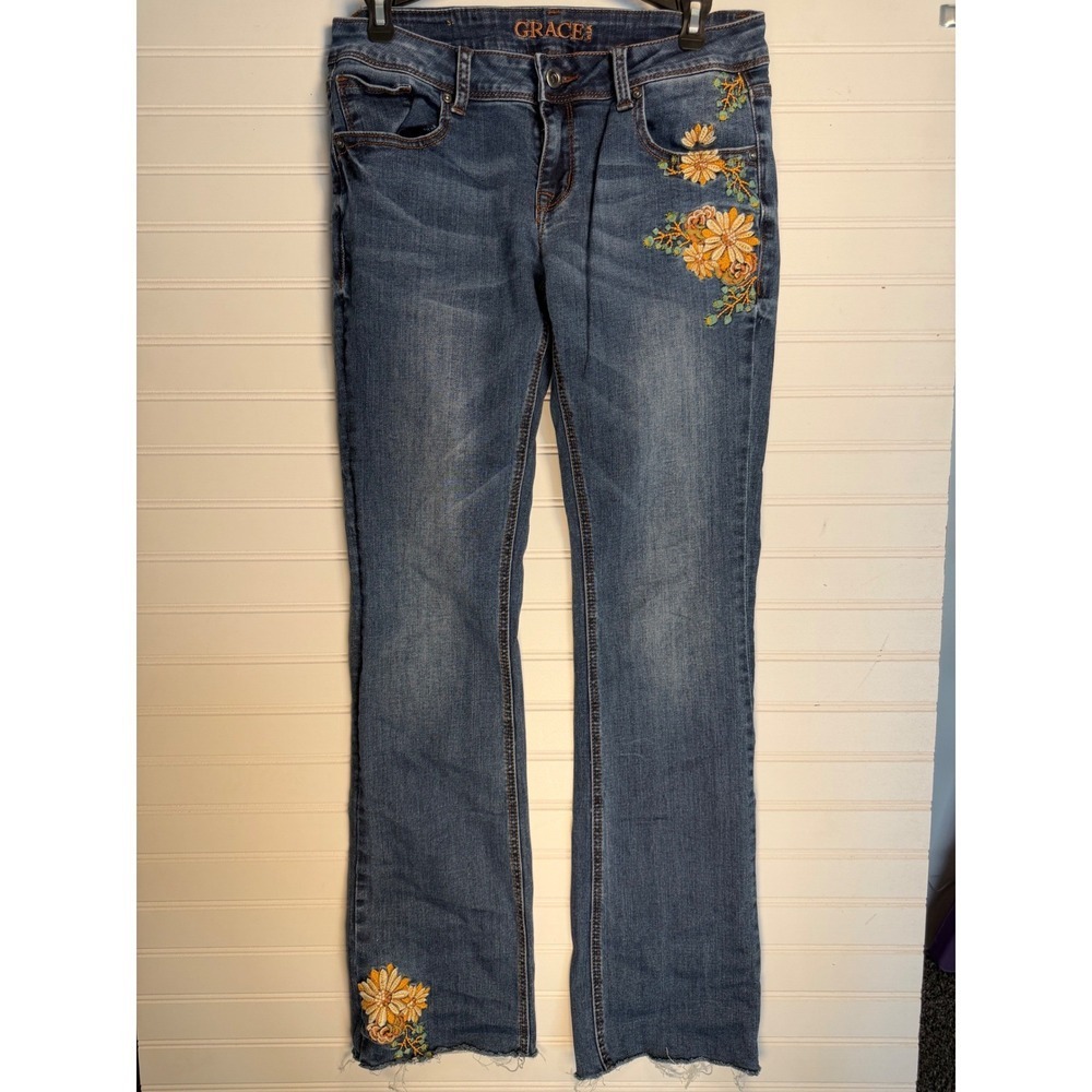 0316 - Grace In LA Womens 29 Floral Embroidered Bootcut Jeans Stretch Denim